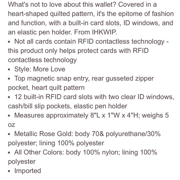 IHKWIP Women’s RFID Heart Quilted Wallet NWT!! - Picture 10 of 13